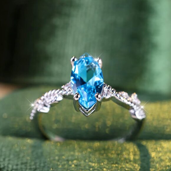 NEW 18k White Gold Blue Sapphire Diamond Ring Marquise Cut Ring - Picture 4 of 7